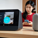 **

Prompt: "Modern Vietnamese home interior. A concerned person looking at their smart home hub device (e.g., Google Nest, Amazon Echo Show). Emphasize the feeling of unease and potential privacy risks. In the background, subtle hints of data flowing and being intercepted (use visual metaphors like lines or streams of light being tapped)."

**