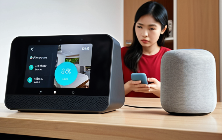 **
Prompt: "Modern Vietnamese home interior. A concerned person looking at their smart home hub device (e.g., Google Nest, Amazon Echo Show). Emphasize the feeling of unease and potential privacy risks. In the background, subtle hints of data flowing and being intercepted (use visual metaphors like lines or streams of light being tapped)."
**