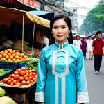 **

A Vietnamese woman in a modest Ao Dai (traditional dress), standing in a bustling Hanoi street market, fully clothed, appropriate attire, safe for work, perfect anatomy, natural proportions, professional photography, high quality, family-friendly.

**