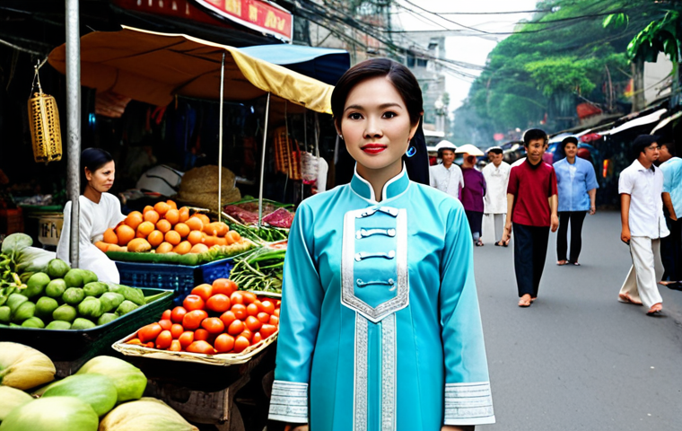 **
A Vietnamese woman in a modest Ao Dai (traditional dress), standing in a bustling Hanoi street market, fully clothed, appropriate attire, safe for work, perfect anatomy, natural proportions, professional photography, high quality, family-friendly.
**