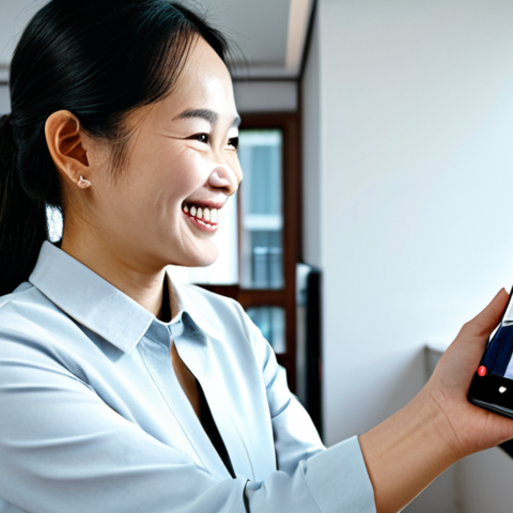 ** A friendly AI assistant displayed on a smartphone screen, interacting with a Vietnamese woman in her 30s. She is smiling and holding the phone. The background is a modern Vietnamese apartment. Fully clothed, appropriate attire, modest clothing. Safe for work, family-friendly, professional. Perfect anatomy, correct proportions, natural pose, well-formed hands, proper finger count, natural body proportions, high resolution. **