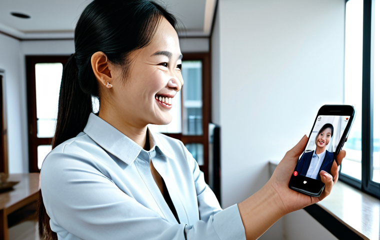 ** A friendly AI assistant displayed on a smartphone screen, interacting with a Vietnamese woman in her 30s. She is smiling and holding the phone. The background is a modern Vietnamese apartment. Fully clothed, appropriate attire, modest clothing. Safe for work, family-friendly, professional. Perfect anatomy, correct proportions, natural pose, well-formed hands, proper finger count, natural body proportions, high resolution. **