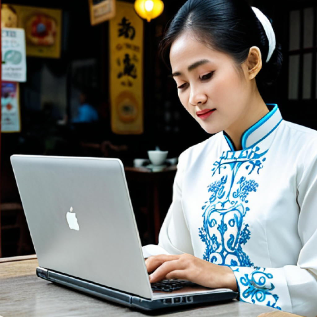 AI 집사 서비스의 다국어 지원 기능 - **Image Prompt:** A Vietnamese businesswoman in a modest Ao Dai, working on a laptop at a cafe in Ha...
