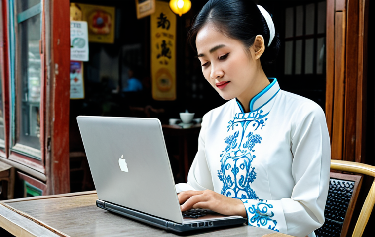 AI 집사 서비스의 다국어 지원 기능 - **Image Prompt:** A Vietnamese businesswoman in a modest Ao Dai, working on a laptop at a cafe in Ha...