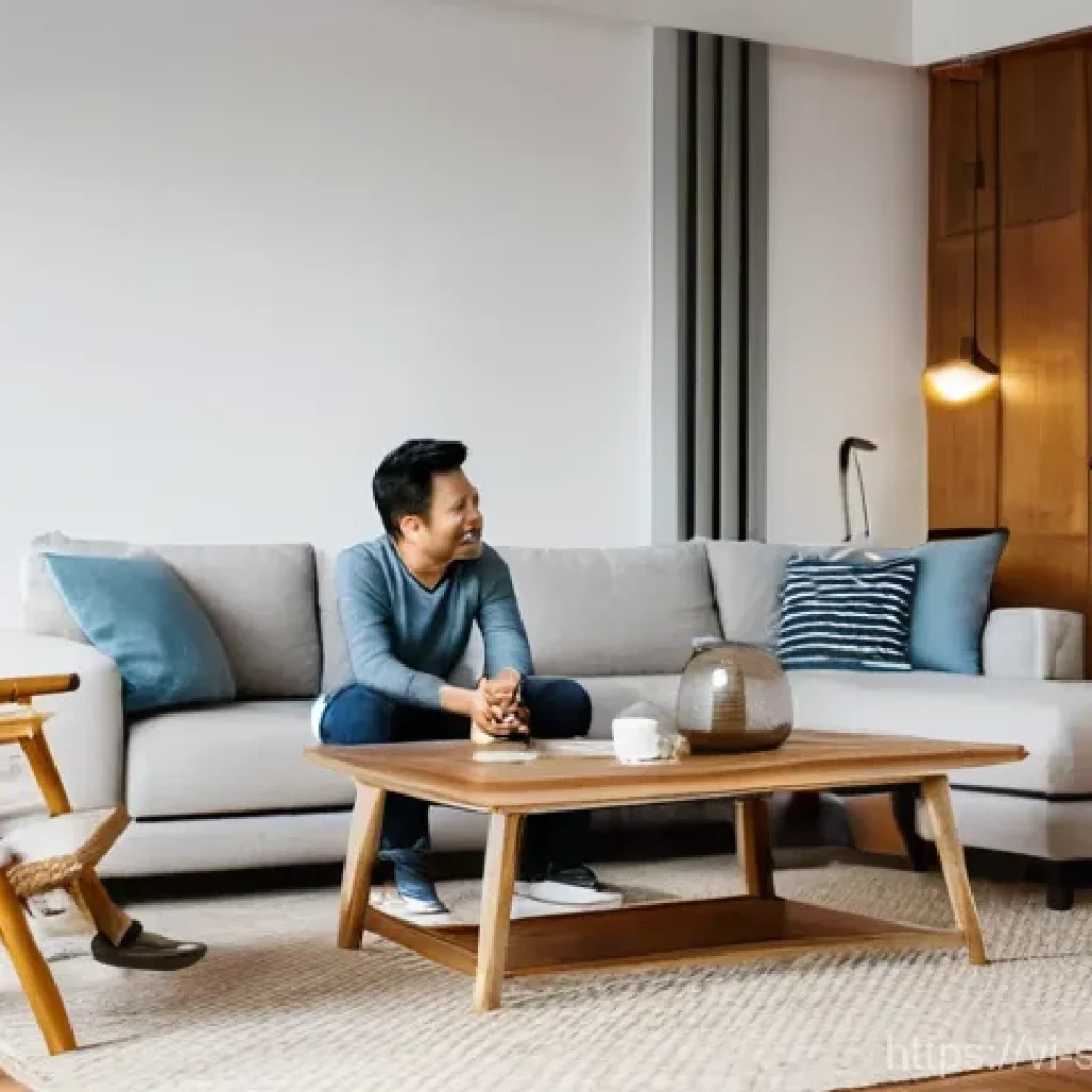 AI 집사 서비스의 사용자 교육 방법 - **Prompt:** A modern and spacious Vietnamese living room, filled with warm, inviting light. A young ...