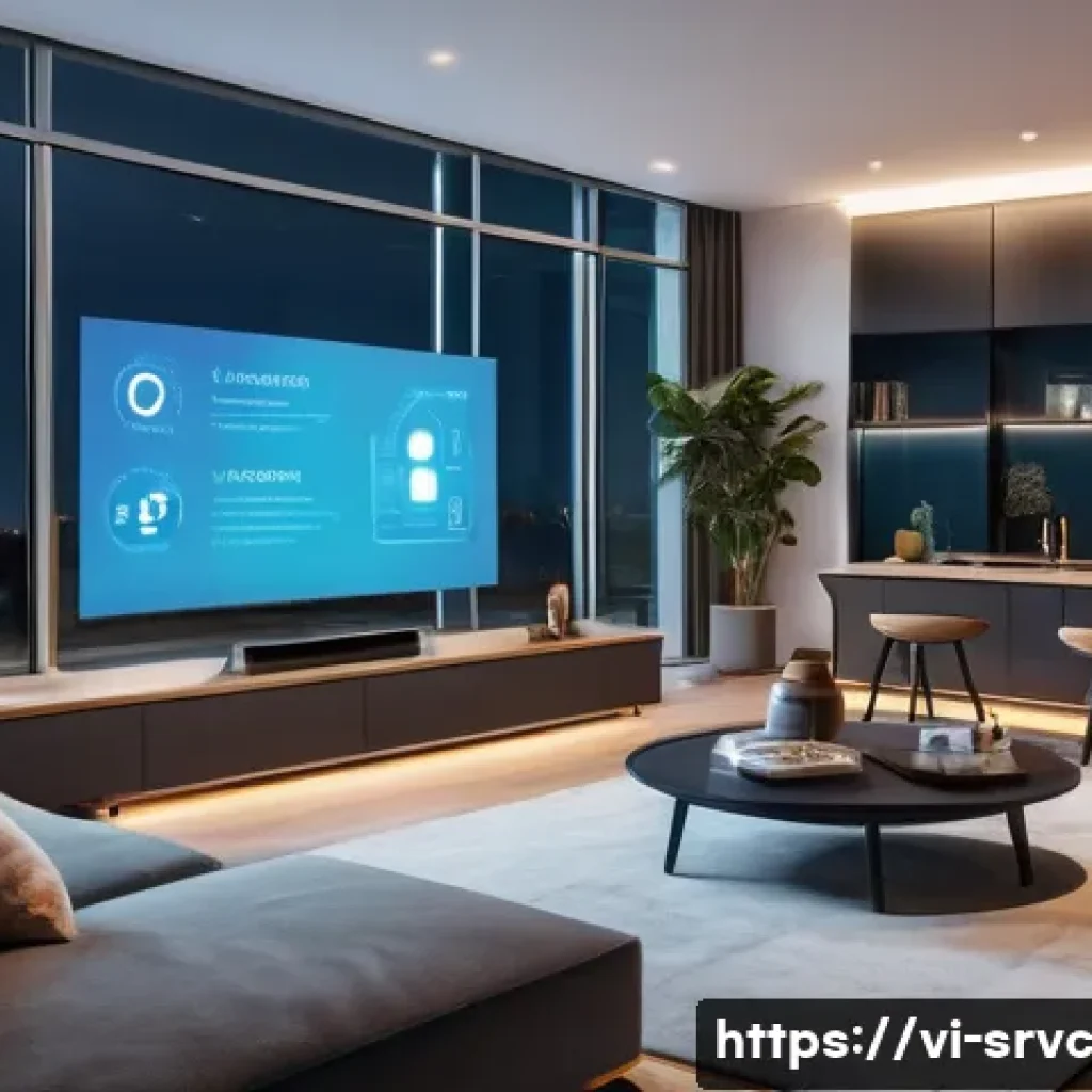 AI 집사 서비스의 추천 알고리즘 이해하기 - A modern smart home interior at dusk, showing automated lighting adjusting softly to user habits, wi...