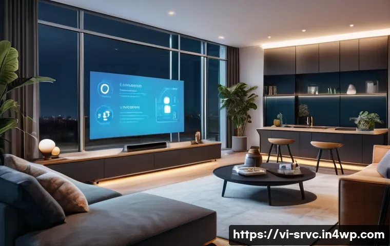 AI 집사 서비스의 추천 알고리즘 이해하기 - A modern smart home interior at dusk, showing automated lighting adjusting softly to user habits, wi...