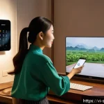 Home 22 AI 집사 서비스의 실시간 데이터 처리 - A modern Vietnamese smart home interior at dusk, featuring a young Vietnamese woman in casual clothi...