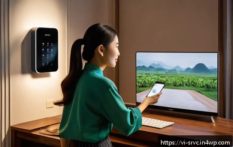 AI 집사 서비스의 실시간 데이터 처리 - A modern Vietnamese smart home interior at dusk, featuring a young Vietnamese woman in casual clothi...