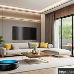 Home 21 AI 집사 서비스의 설치 및 설정 가이드 - A modern Vietnamese smart home interior featuring an AI Butler device seamlessly integrated with var...