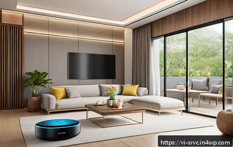 AI 집사 서비스의 설치 및 설정 가이드 - A modern Vietnamese smart home interior featuring an AI Butler device seamlessly integrated with var...