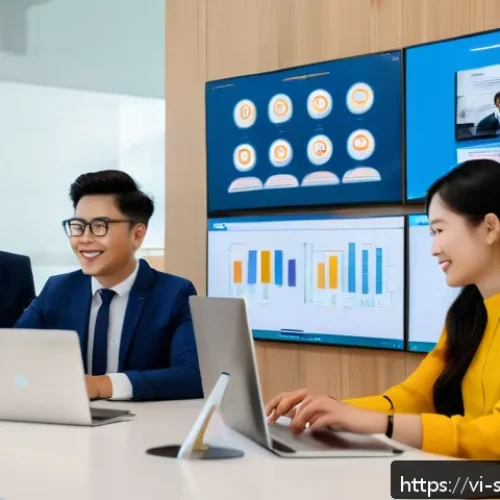 Home 32 AI 집사 서비스의 운영 효율성 개선 - A modern Vietnamese office environment featuring diverse professionals collaborating with an AI-powe...
