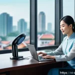 Home 19 AI 집사 서비스의 시장 동향 및 경쟁 분석 - A futuristic Vietnamese office setting showcasing a sleek AI personal assistant device on a modern d...