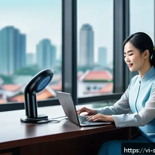 Home 31 AI 집사 서비스의 시장 동향 및 경쟁 분석 - A futuristic Vietnamese office setting showcasing a sleek AI personal assistant device on a modern d...