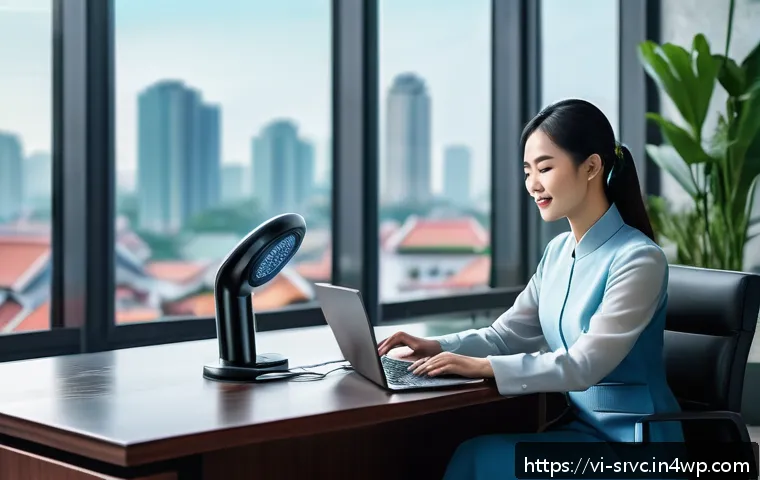 AI 집사 서비스의 시장 동향 및 경쟁 분석 - A futuristic Vietnamese office setting showcasing a sleek AI personal assistant device on a modern d...