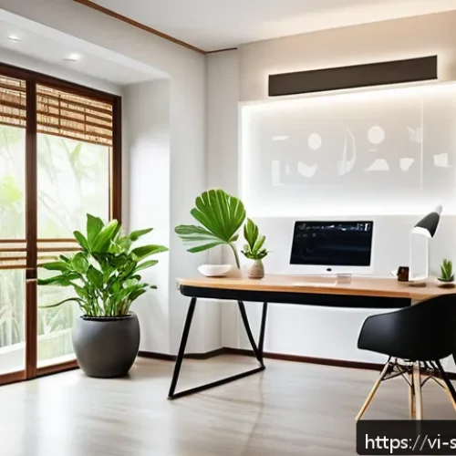 Home 30 AI 집사 서비스와 IoT의 관계 - A modern Vietnamese smart home interior showcasing automated lighting systems that adjust brightness...