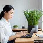 Home 23 AI 집사 서비스의 기능 향상을 위한 팁 - A modern Vietnamese home office scene featuring a young professional woman using AI Butler on multip...