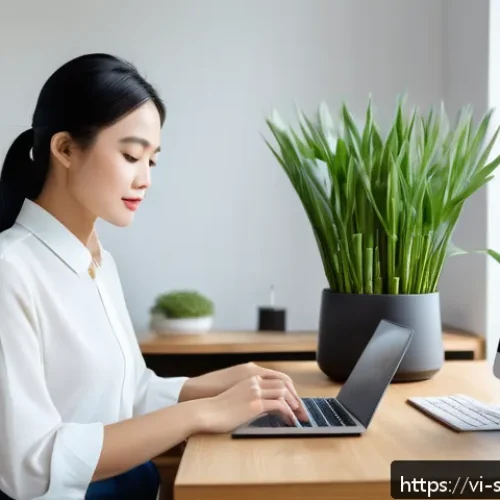 Home 17 AI 집사 서비스의 기능 향상을 위한 팁 - A modern Vietnamese home office scene featuring a young professional woman using AI Butler on multip...