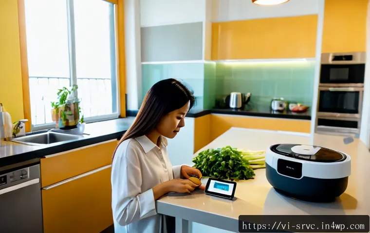 Home 17 AI 집사 서비스의 다양한 활용 방안 - Photorealistic modern Vietnamese apartment kitchen in Hanoi, a friendly adult woman using a discreet...